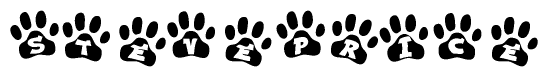 The image shows a series of animal paw prints arranged horizontally. Within each paw print, there's a letter; together they spell Steveprice