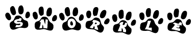 The image shows a series of animal paw prints arranged horizontally. Within each paw print, there's a letter; together they spell Snorkle