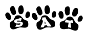 The image shows a series of animal paw prints arranged horizontally. Within each paw print, there's a letter; together they spell Sat