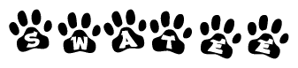 The image shows a series of animal paw prints arranged in a horizontal line. Each paw print contains a letter, and together they spell out the word Swatee.