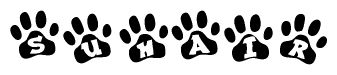 The image shows a series of animal paw prints arranged horizontally. Within each paw print, there's a letter; together they spell Suhair
