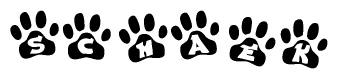 The image shows a series of animal paw prints arranged horizontally. Within each paw print, there's a letter; together they spell Schaek