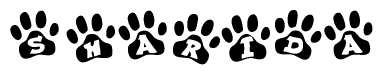 The image shows a row of animal paw prints, each containing a letter. The letters spell out the word Sharida within the paw prints.