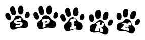 The image shows a series of animal paw prints arranged horizontally. Within each paw print, there's a letter; together they spell Spike