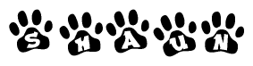 The image shows a series of animal paw prints arranged horizontally. Within each paw print, there's a letter; together they spell Shaun