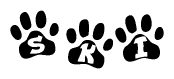The image shows a series of animal paw prints arranged horizontally. Within each paw print, there's a letter; together they spell Ski