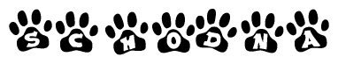 The image shows a row of animal paw prints, each containing a letter. The letters spell out the word Schodna within the paw prints.