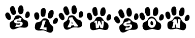 The image shows a series of animal paw prints arranged horizontally. Within each paw print, there's a letter; together they spell Slawson