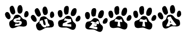 The image shows a series of animal paw prints arranged in a horizontal line. Each paw print contains a letter, and together they spell out the word Suzetta.