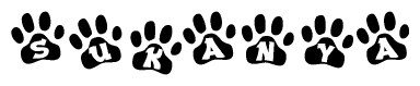 The image shows a series of animal paw prints arranged horizontally. Within each paw print, there's a letter; together they spell Sukanya