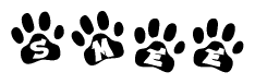 The image shows a series of animal paw prints arranged in a horizontal line. Each paw print contains a letter, and together they spell out the word Smee.