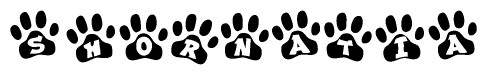 The image shows a row of animal paw prints, each containing a letter. The letters spell out the word Shornatia within the paw prints.