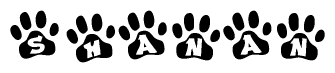 The image shows a row of animal paw prints, each containing a letter. The letters spell out the word Shanan within the paw prints.