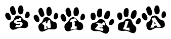 The image shows a series of animal paw prints arranged in a horizontal line. Each paw print contains a letter, and together they spell out the word Shiela.