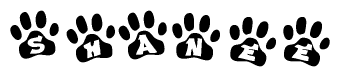 The image shows a series of animal paw prints arranged in a horizontal line. Each paw print contains a letter, and together they spell out the word Shanee.