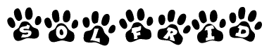 The image shows a series of animal paw prints arranged in a horizontal line. Each paw print contains a letter, and together they spell out the word Solfrid.