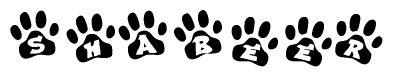 The image shows a series of animal paw prints arranged in a horizontal line. Each paw print contains a letter, and together they spell out the word Shabeer.