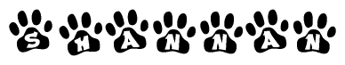 The image shows a series of animal paw prints arranged in a horizontal line. Each paw print contains a letter, and together they spell out the word Shannan.