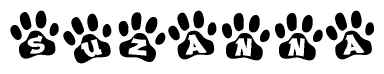 The image shows a series of animal paw prints arranged in a horizontal line. Each paw print contains a letter, and together they spell out the word Suzanna.