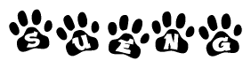 The image shows a series of animal paw prints arranged in a horizontal line. Each paw print contains a letter, and together they spell out the word Sueng.