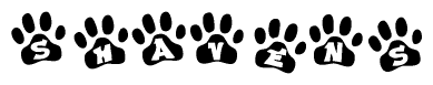 The image shows a series of animal paw prints arranged horizontally. Within each paw print, there's a letter; together they spell Shavens