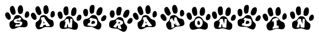 The image shows a row of animal paw prints, each containing a letter. The letters spell out the word Sandramondin within the paw prints.