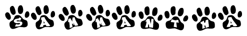The image shows a series of animal paw prints arranged in a horizontal line. Each paw print contains a letter, and together they spell out the word Sammantha.