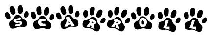 The image shows a row of animal paw prints, each containing a letter. The letters spell out the word Scarroll within the paw prints.