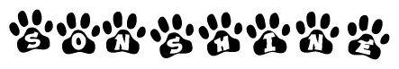 The image shows a series of animal paw prints arranged in a horizontal line. Each paw print contains a letter, and together they spell out the word Sonshine.