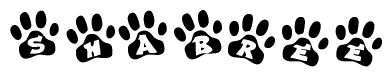 The image shows a series of animal paw prints arranged in a horizontal line. Each paw print contains a letter, and together they spell out the word Shabree.