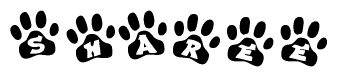 The image shows a series of animal paw prints arranged in a horizontal line. Each paw print contains a letter, and together they spell out the word Sharee.