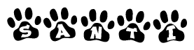 The image shows a series of animal paw prints arranged in a horizontal line. Each paw print contains a letter, and together they spell out the word Santi.