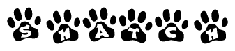 The image shows a series of animal paw prints arranged horizontally. Within each paw print, there's a letter; together they spell Shatch