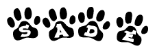 The image shows a series of animal paw prints arranged in a horizontal line. Each paw print contains a letter, and together they spell out the word Sade.