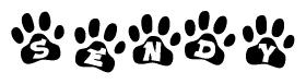 The image shows a series of animal paw prints arranged horizontally. Within each paw print, there's a letter; together they spell Sendy
