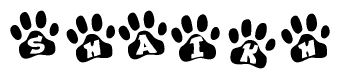 The image shows a series of animal paw prints arranged horizontally. Within each paw print, there's a letter; together they spell Shaikh