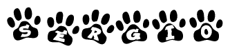 The image shows a series of animal paw prints arranged in a horizontal line. Each paw print contains a letter, and together they spell out the word Sergio.