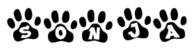 The image shows a series of animal paw prints arranged in a horizontal line. Each paw print contains a letter, and together they spell out the word Sonja.