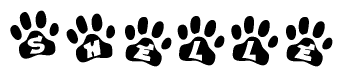 The image shows a series of animal paw prints arranged in a horizontal line. Each paw print contains a letter, and together they spell out the word Shelle.