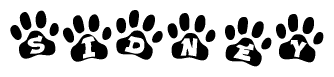 The image shows a series of animal paw prints arranged horizontally. Within each paw print, there's a letter; together they spell Sidney