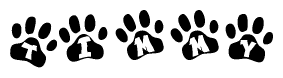 The image shows a series of animal paw prints arranged horizontally. Within each paw print, there's a letter; together they spell Timmy