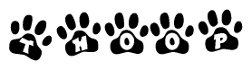 The image shows a series of animal paw prints arranged in a horizontal line. Each paw print contains a letter, and together they spell out the word Thoop.