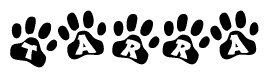 The image shows a series of animal paw prints arranged horizontally. Within each paw print, there's a letter; together they spell Tarra