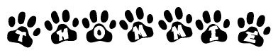 The image shows a series of animal paw prints arranged in a horizontal line. Each paw print contains a letter, and together they spell out the word Thommie.