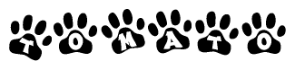 The image shows a row of animal paw prints, each containing a letter. The letters spell out the word Tomato within the paw prints.