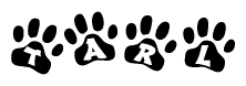 The image shows a row of animal paw prints, each containing a letter. The letters spell out the word Tarl within the paw prints.