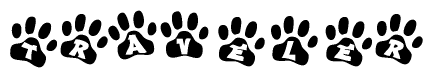 The image shows a row of animal paw prints, each containing a letter. The letters spell out the word Traveler within the paw prints.