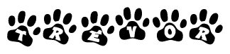 The image shows a row of animal paw prints, each containing a letter. The letters spell out the word Trevor within the paw prints.