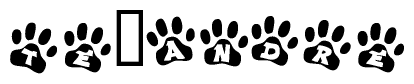 The image shows a series of animal paw prints arranged horizontally. Within each paw print, there's a letter; together they spell Te andre
