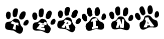 The image shows a series of animal paw prints arranged horizontally. Within each paw print, there's a letter; together they spell Terina